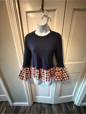 Women’s English Factory Navy Peplum Top with Plaid Ruffle Hem
